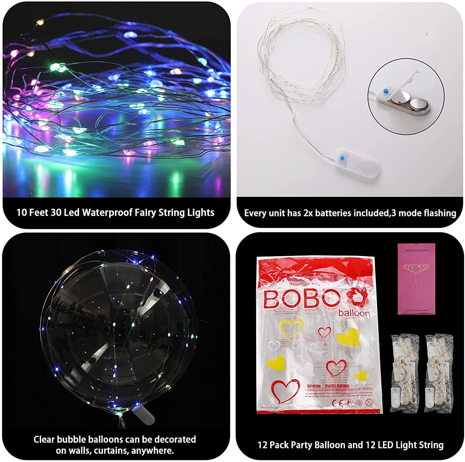 Light Up Led Balloons, 18 Packs Party Balloon Cell Battery included Inflated Size 22 Inches 3 Modes Flashing String Lights Clear Balloon, for Birthday Wedding Decorations (4 Colors)