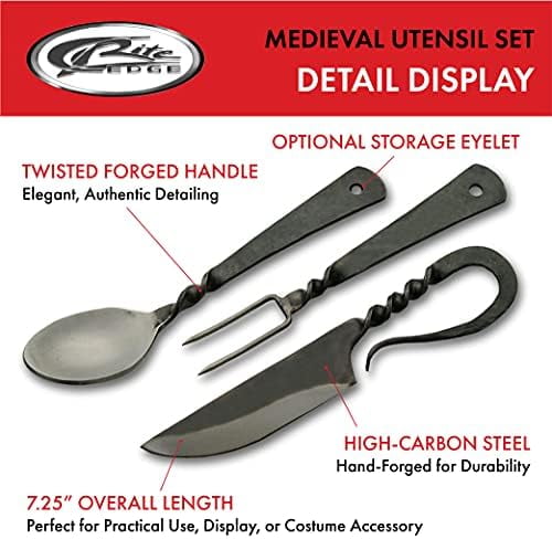 Supplies 7.25" Hand-Forged Medieval Cutlery Set – Carbon Steel Fork, Knife, Spoon with Leather Pouch, Renaissance Costume Utensils for Camping, Cosplay, and Historical Display