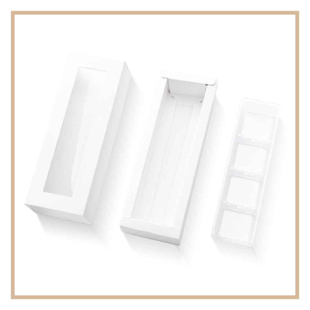 PKGSMART 20 Truffle Boxes, Chocolate Boxes with Clear Window Sleeves, White Candy Boxes with 4-Piece Plastics Tray, 6.2x1.7x1.25 inches