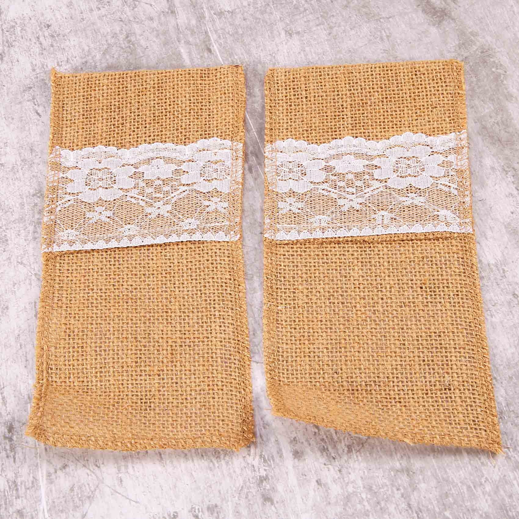 50 pcs Natural Jute Cutlery Knives and Forks Cutlery Set Silverware Bag Holder Burlap & Lace Party Wedding Decor, 21x11cm