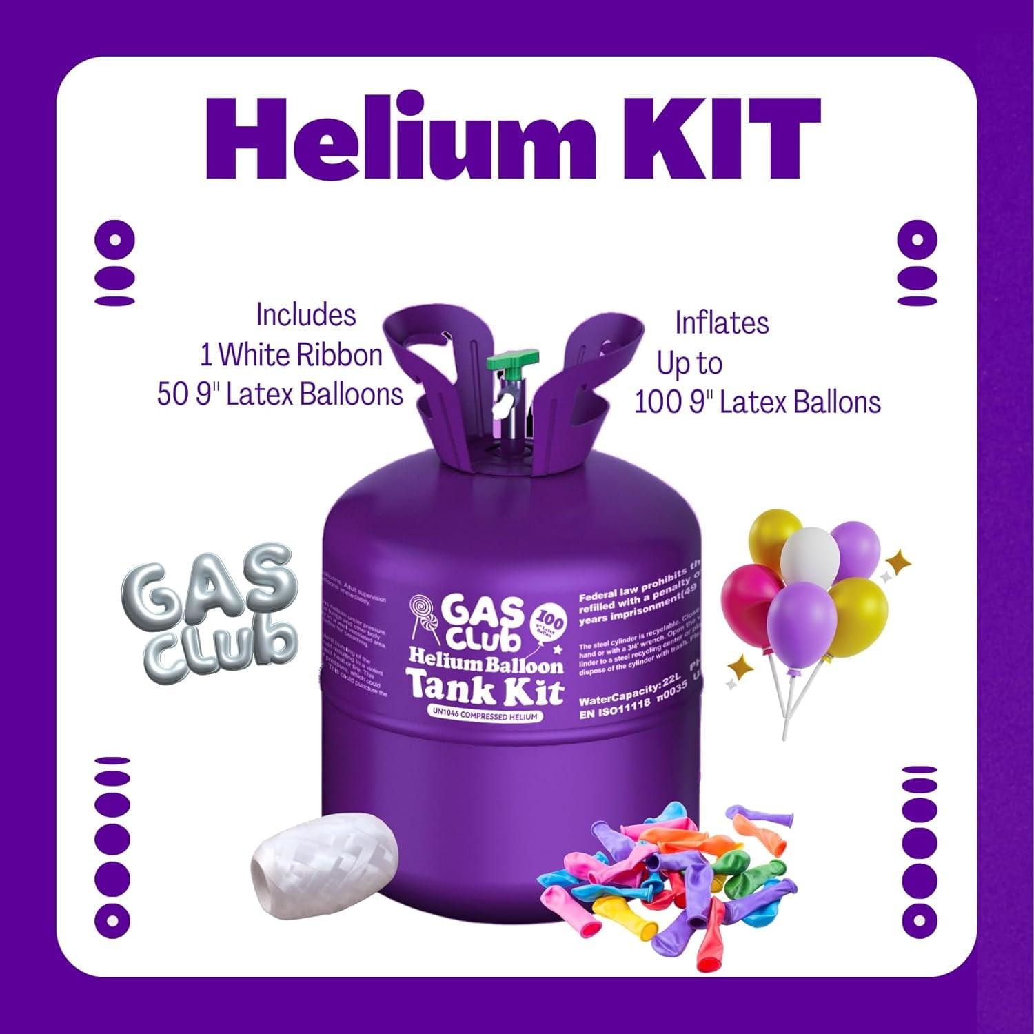 GasClub 22L Helium Tank up to 100 Latex Balloons Helium Tank for Balloons at Home Helium Balloon Pump Kit Blend