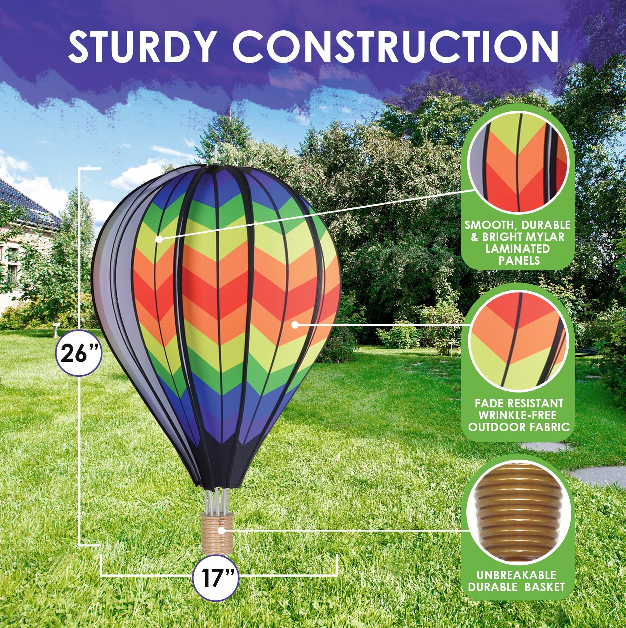 Hot Air Balloon Hanging Garden Spinner 26" - Vibrant Double Rainbow Chevron Design, Weather-Resistant Outdoor Decor, Durable & Lightweight for Patios, Yards, and Gardens - Eye-Catching Wind Spinner