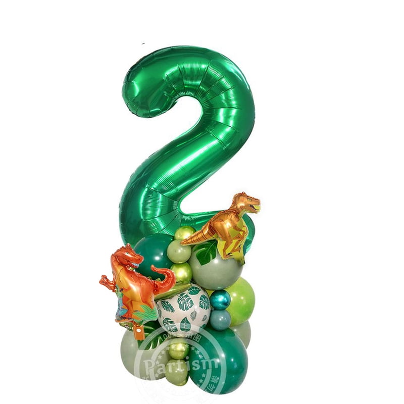 27pcs Carton Green Dinosaur Balloon Tower with 1-9 Green Number Balloon for Boy's Dinosaur Themed Birthday Party DIY Decorations