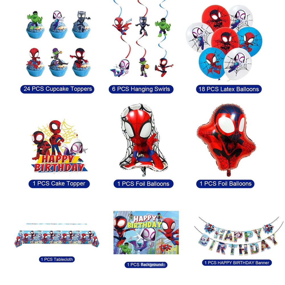Spidey Birthday Decorations,Cartoon  Party Supplies Set Include Banner, Backdrop, Balloons, Hanging Swirls, Cake Cupcake Toppers, Tablecloth