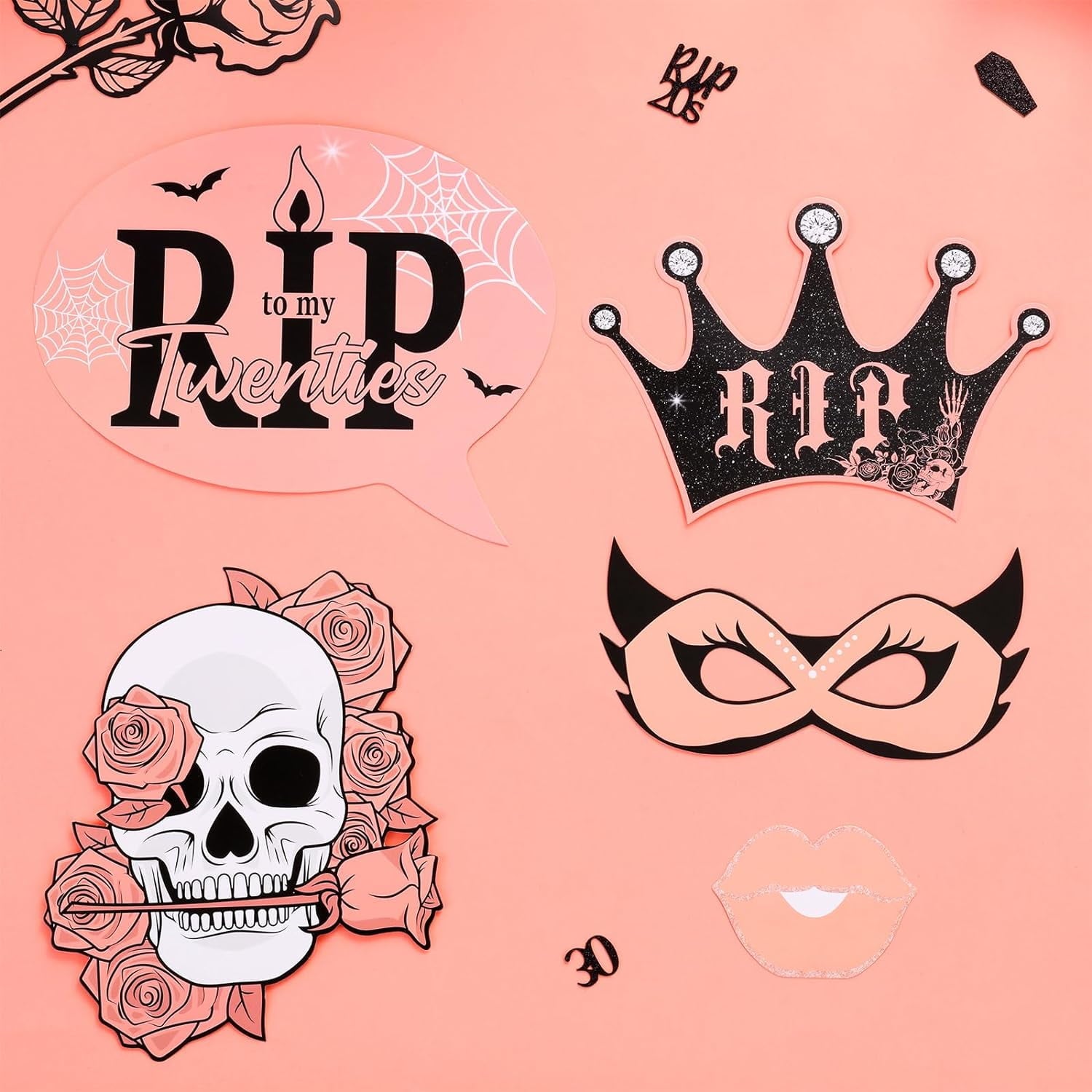 24Pcs 30th Birthday Photo Booth Props, Rip Twenties Birthday Decorations, Death to My 20s Decorations for 30th Birthday Party Supplies Black and Rose Gold
