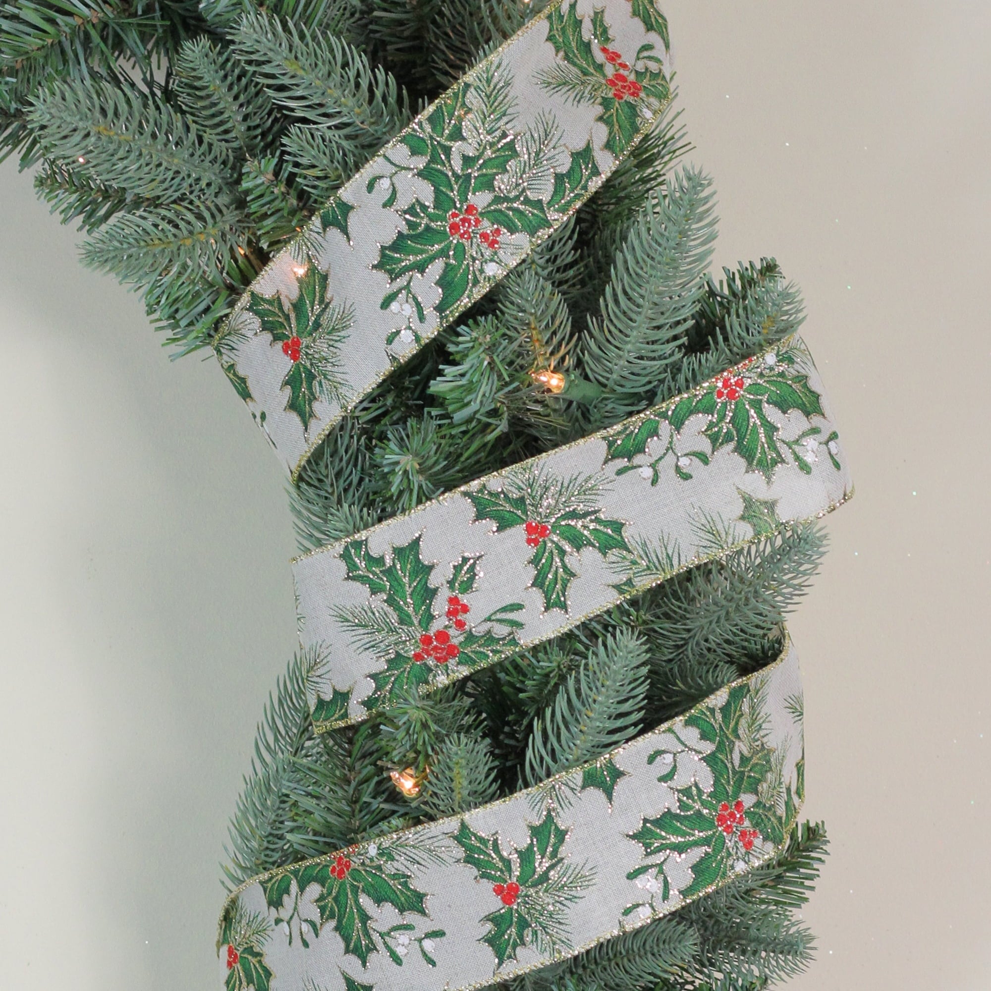 Northlight Ivory and Green Holly Leaves Christmas Wired Craft Ribbon 2.5" x 16 Yards
