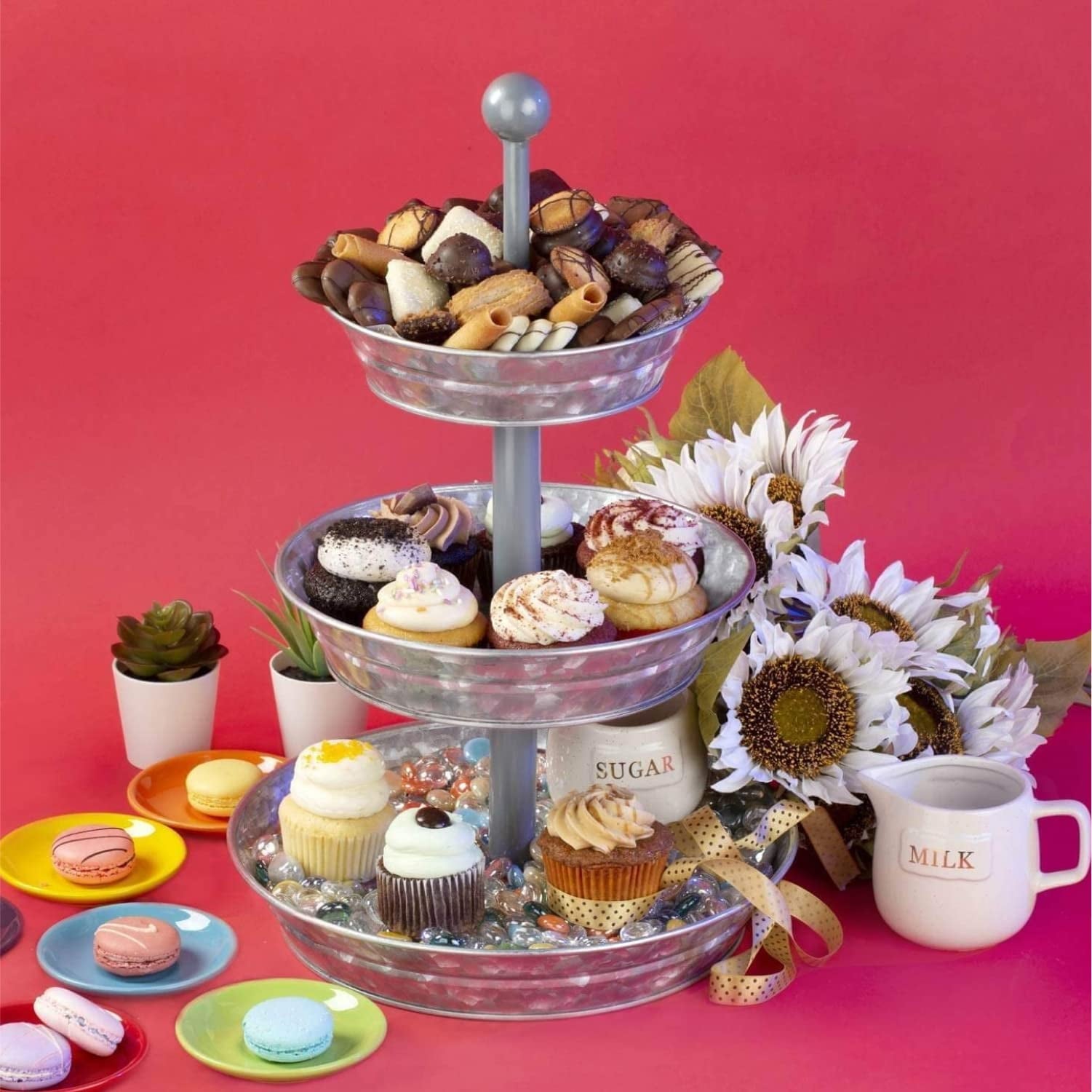 3 Tier Serving Tray - Galvanized, Rustic Metal Stand. Dessert, Cupcake, Fruit & Party Three Tiered Platter. Country Farmhouse Vintage Decor for The Kitchen, Home, Farm & Outdoor by Hallops