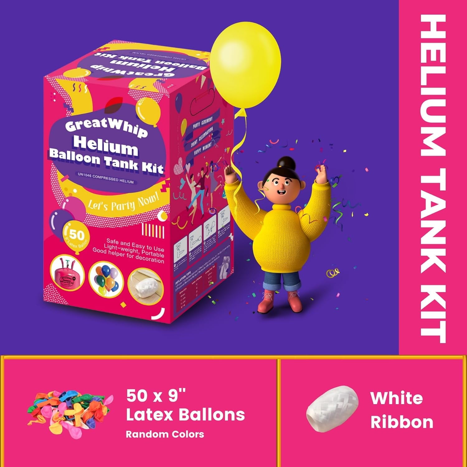 GreatWhip 13L Helium Tank up to 50 Latex Balloons at Home Helium Balloon Pump Kit Blend