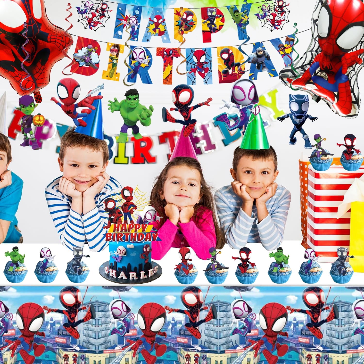 Spidey Birthday Decorations, Party Supplies Set Include Banner, Balloons,Backdrop, Hanging Swirls, Cake Cupcake Toppers, Tablecloth for Boys Girls Theme Party