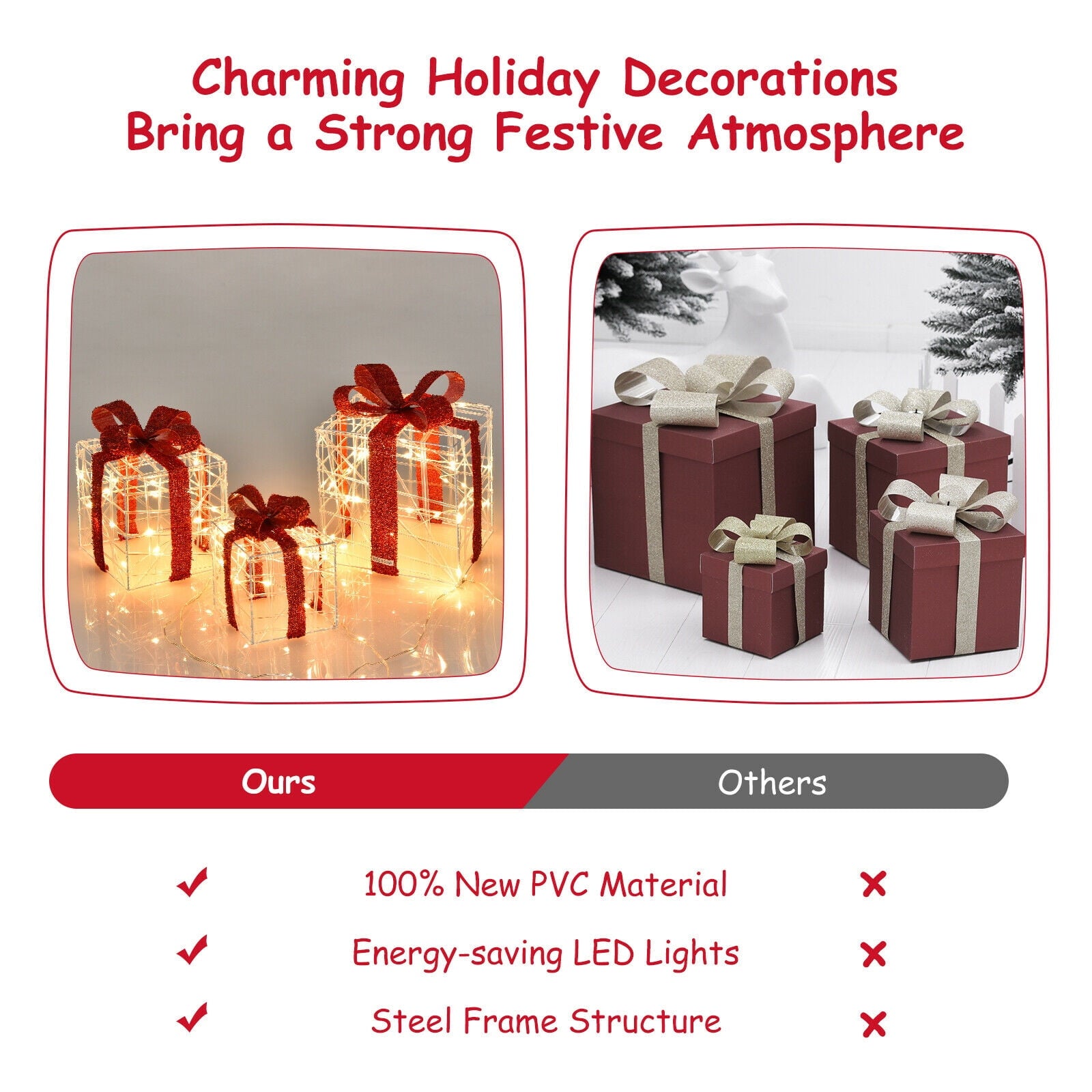 Topbuy 3 PCS Christmas Gift Boxes Indoor Outdoor W/ 60 LED Lights, Waterproof Plug