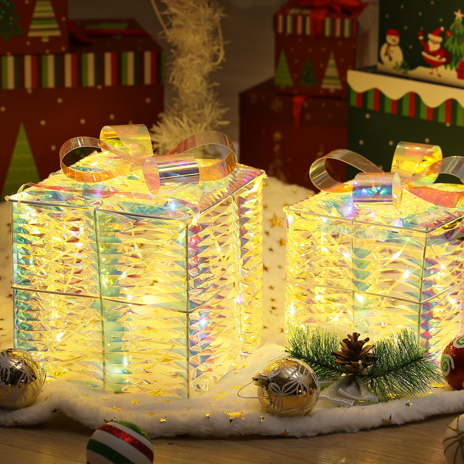 mollie Set of 3 Christmas Lighted Gift Boxes, Plug-in LED Light up Xmas Present Boxes Ornaments for Outdoor Indoor Christmas Tree Yard Holiday Party Favors Home Decor, Transparent