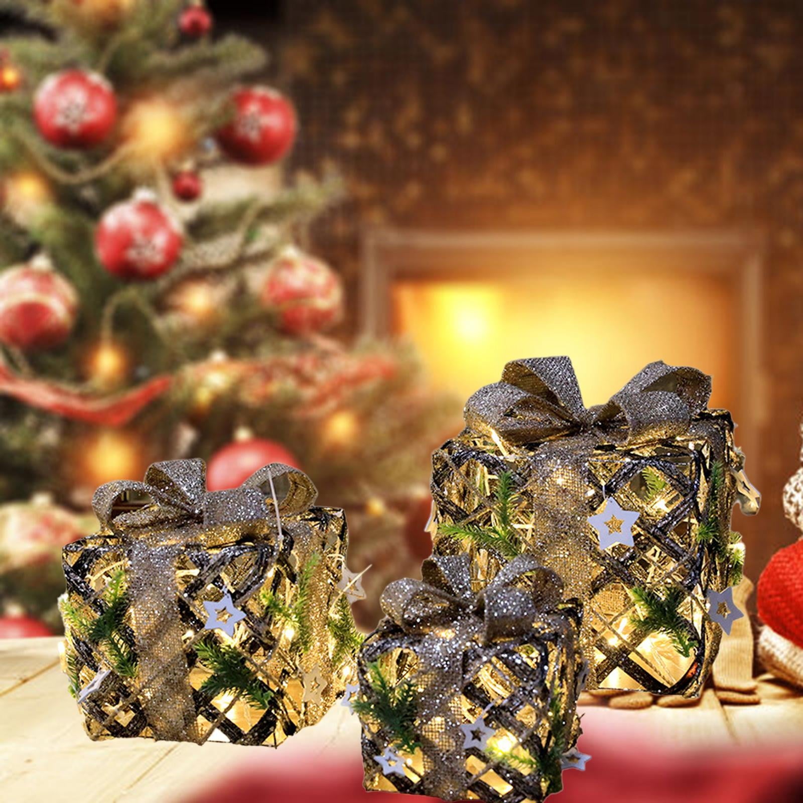 3 Pieces Christmas Lighted Up Gift Boxes Decorations, Tinsel Present