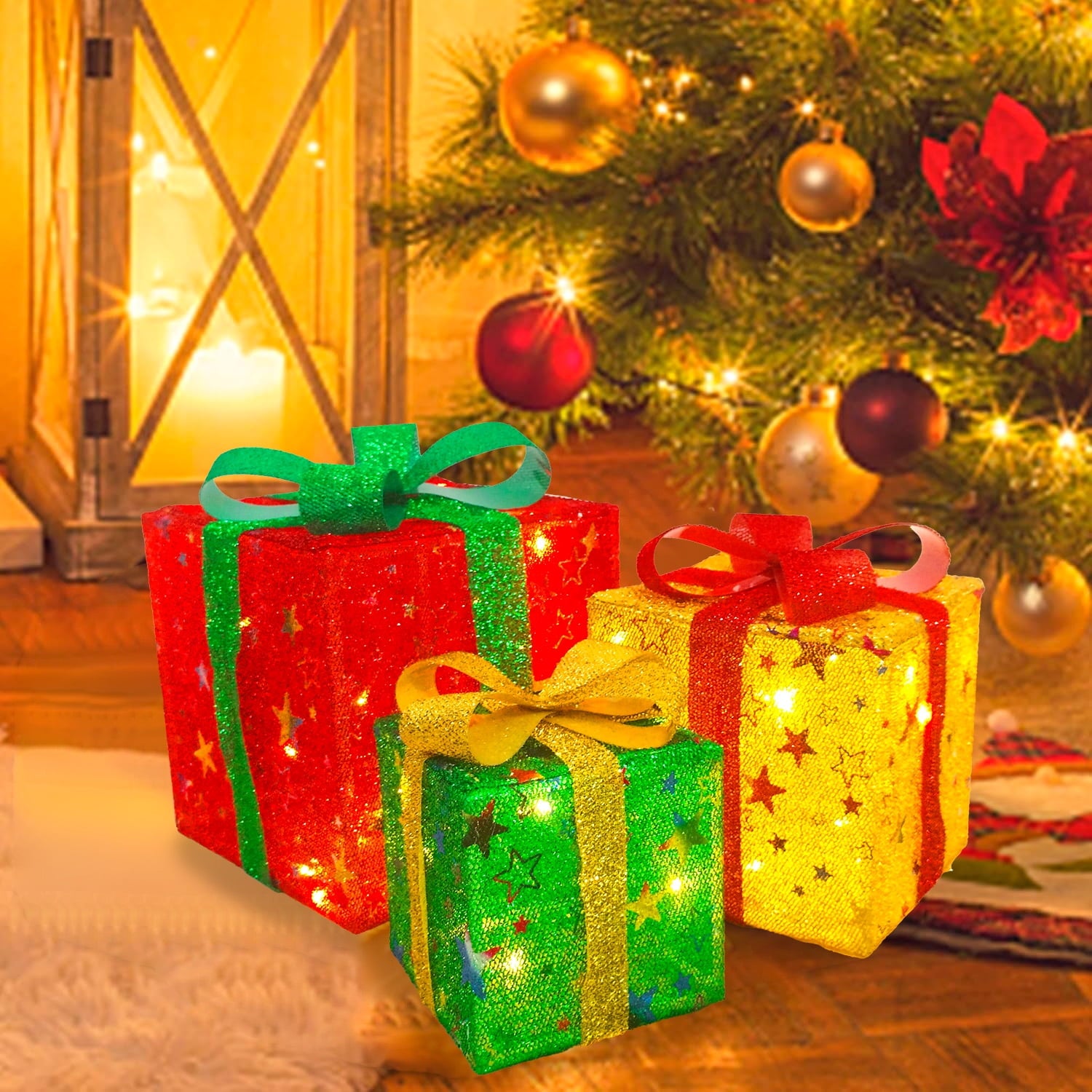 Hoofun Christmas Lighted Gift Boxes Set of 3, 50 LED with Gold Stars and Colorful Bows, Battery Operated Christmas Lights Decoration for Home, Parties, Holidays