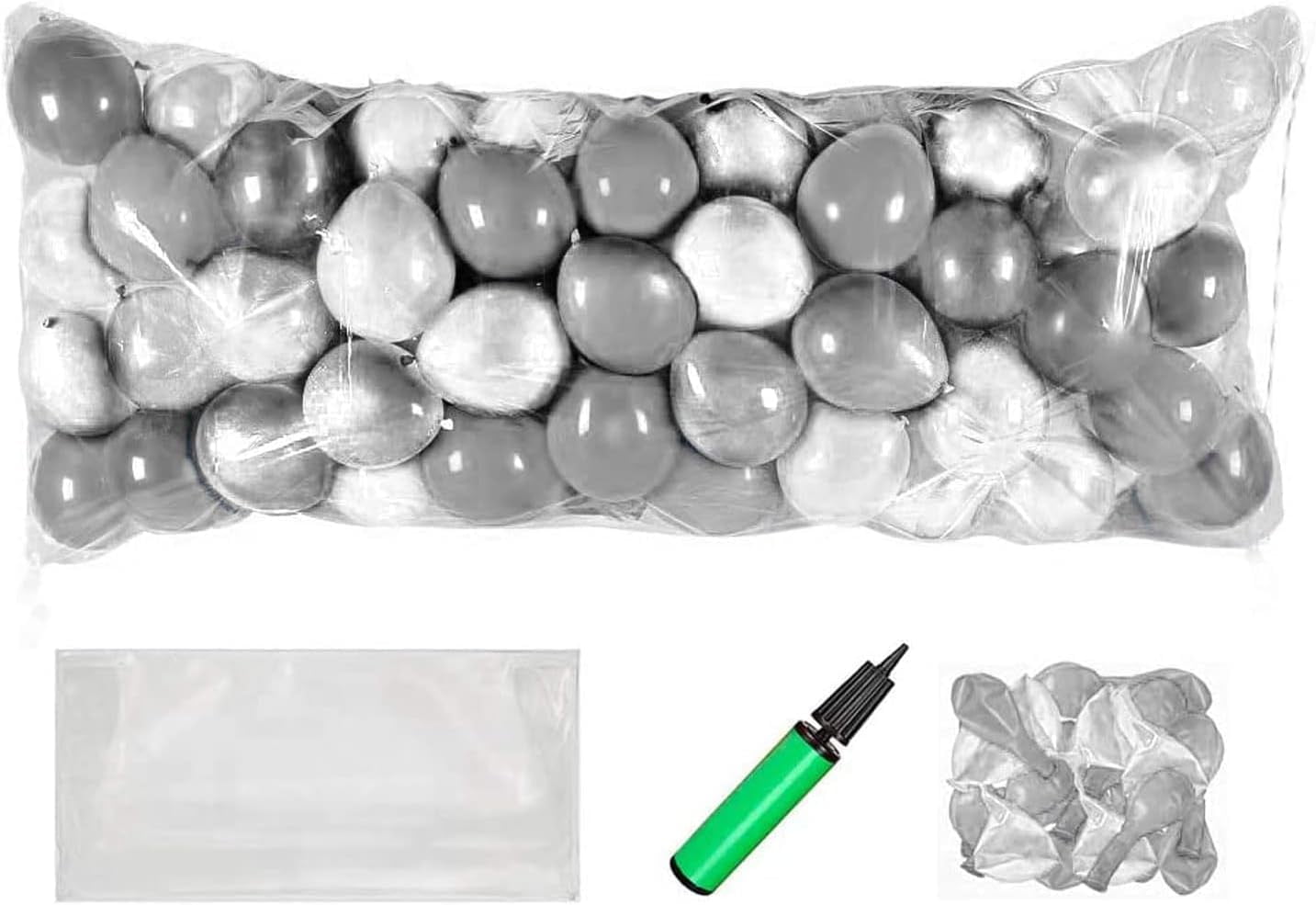 PMU New Year's Eve Party Balloon Drop Kit (100pcs Assorted 9in and 5in Balloons with Hand Pump) Silver and White Assortment with 4pcs "2025" 40in Silver Mylar Balloons 1 Set Assortment