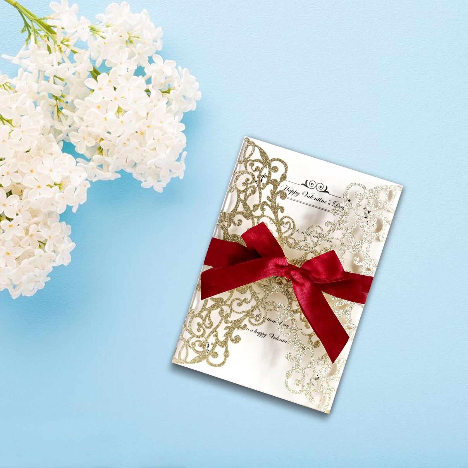 25PCS Wedding Invitation,Gold invitations,Gold Powder Floral Laser Cut with Blank Inner Sheet, Envelopes and Ribbons for Party Wedding Engagement Bridal Bridal Shower Invite