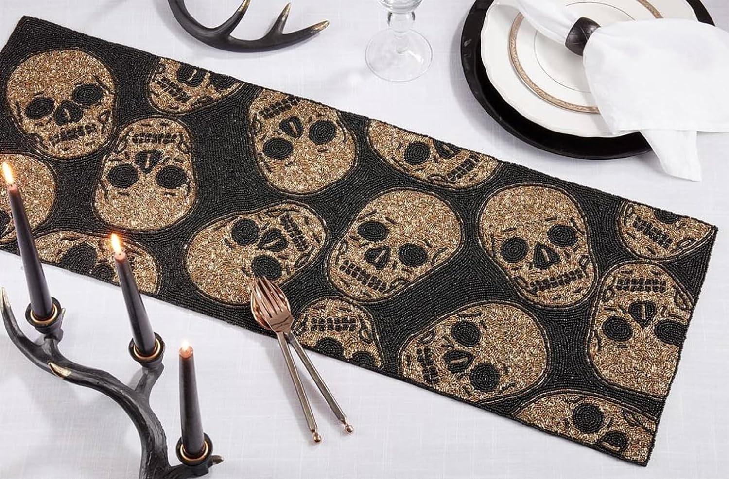 Fennco Styles Hand Beaded Skulls Decorative Table Runner 13" W x 35" L - Dark Gold and Black Sparkling Table Cover for Home Halloween Décor, Family Gatherings, Themed Party and Special Events