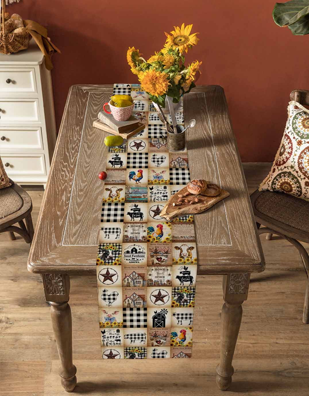 Retro Country Table Runner Vintage Farmhouse Rooster Stars Tablerunners 13 x 90 Inch, Table Decorations Tabletop Scarf for Summer Gathering Holiday Farmhouse Kitchen Dining Decor