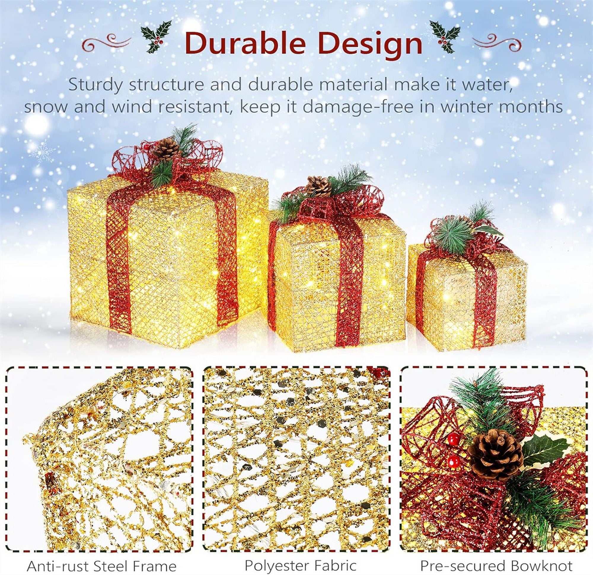 NOGIS Christmas Lighted Gift Boxes Set of 3 with Plug, Weather Proof Nestable Present Boxes Ornament Home Decor Pre-lit 60 LED Lights Pre-Secured Bowknot for Indoor or Outdoor Christmas Decor