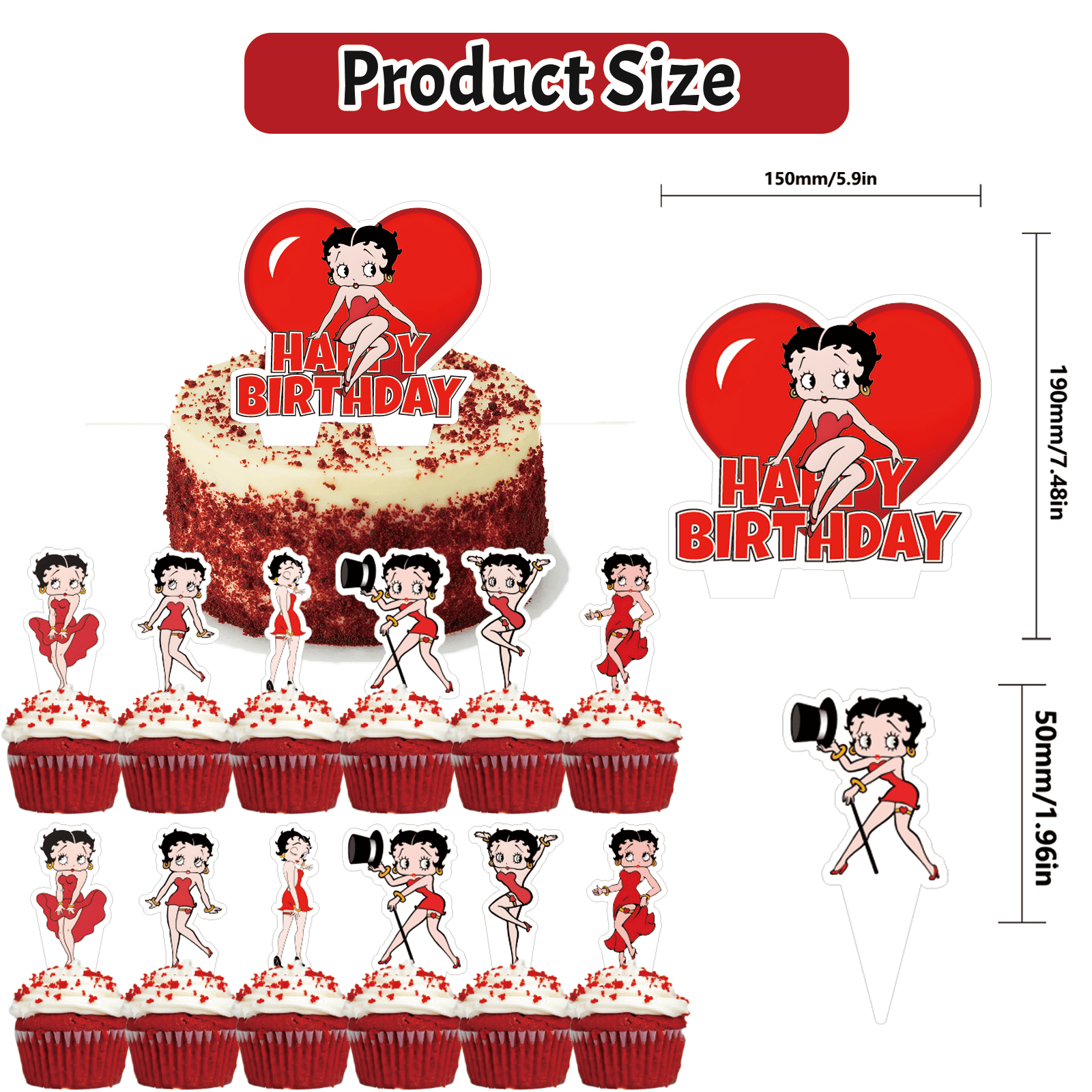82 Pcs For Betty Cartoon - Party Decoration Kit – Includes Banner, Cake Topper, 12 Cupcake Toppers, 50 Stickers, and 18 Balloons for Festive and Birthday Celebrations