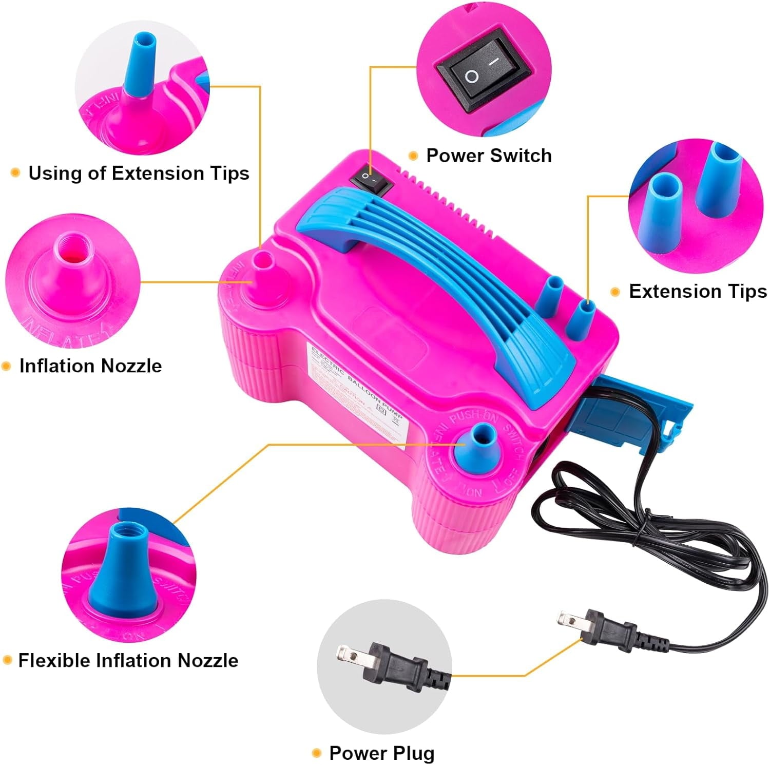 Electric Balloon Pump, Portable Dual Nozzle Electric Air Balloon Pump Inflator Blower Machine for Party Decorations, Rose Red 110V 600W with 2 Tying Tools