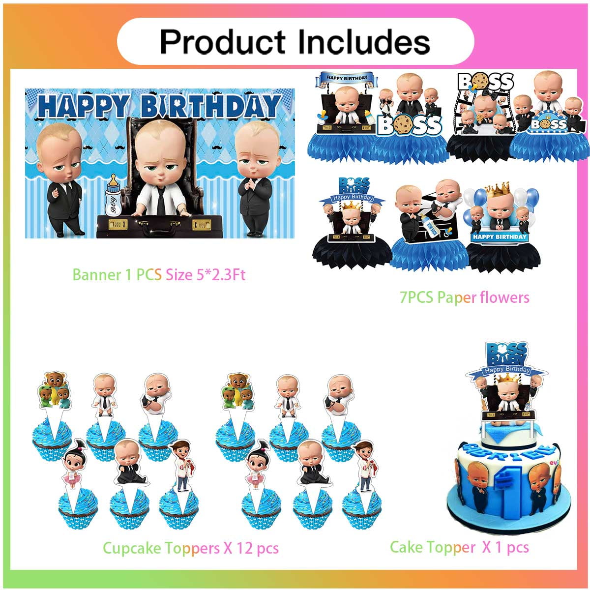 Boss Baby White Boy Party Decorations Decor Supplies Honeycomb Centerpieces Table Toppers Cake Toppers for Birthday Photo Props