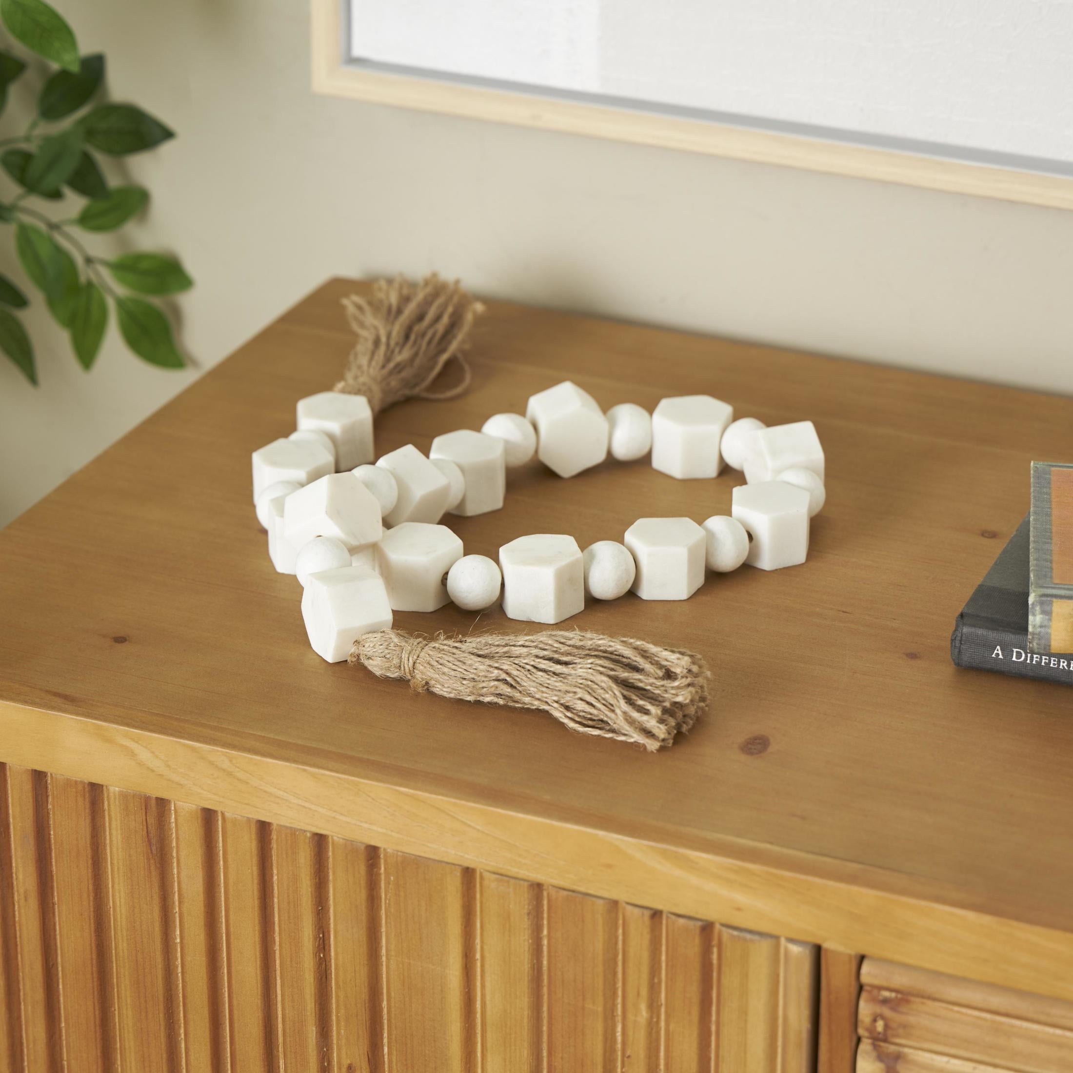 DecMode Handmade Hexagon White Marble Garland with Tassel with Knotted Brown Jute