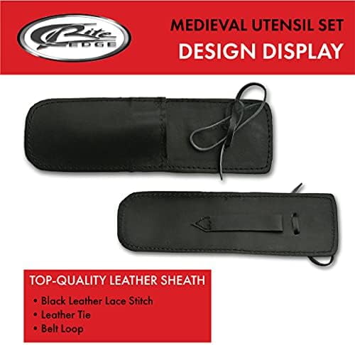 Supplies 7.25" Hand-Forged Medieval Cutlery Set – Carbon Steel Fork, Knife, Spoon with Leather Pouch, Renaissance Costume Utensils for Camping, Cosplay, and Historical Display