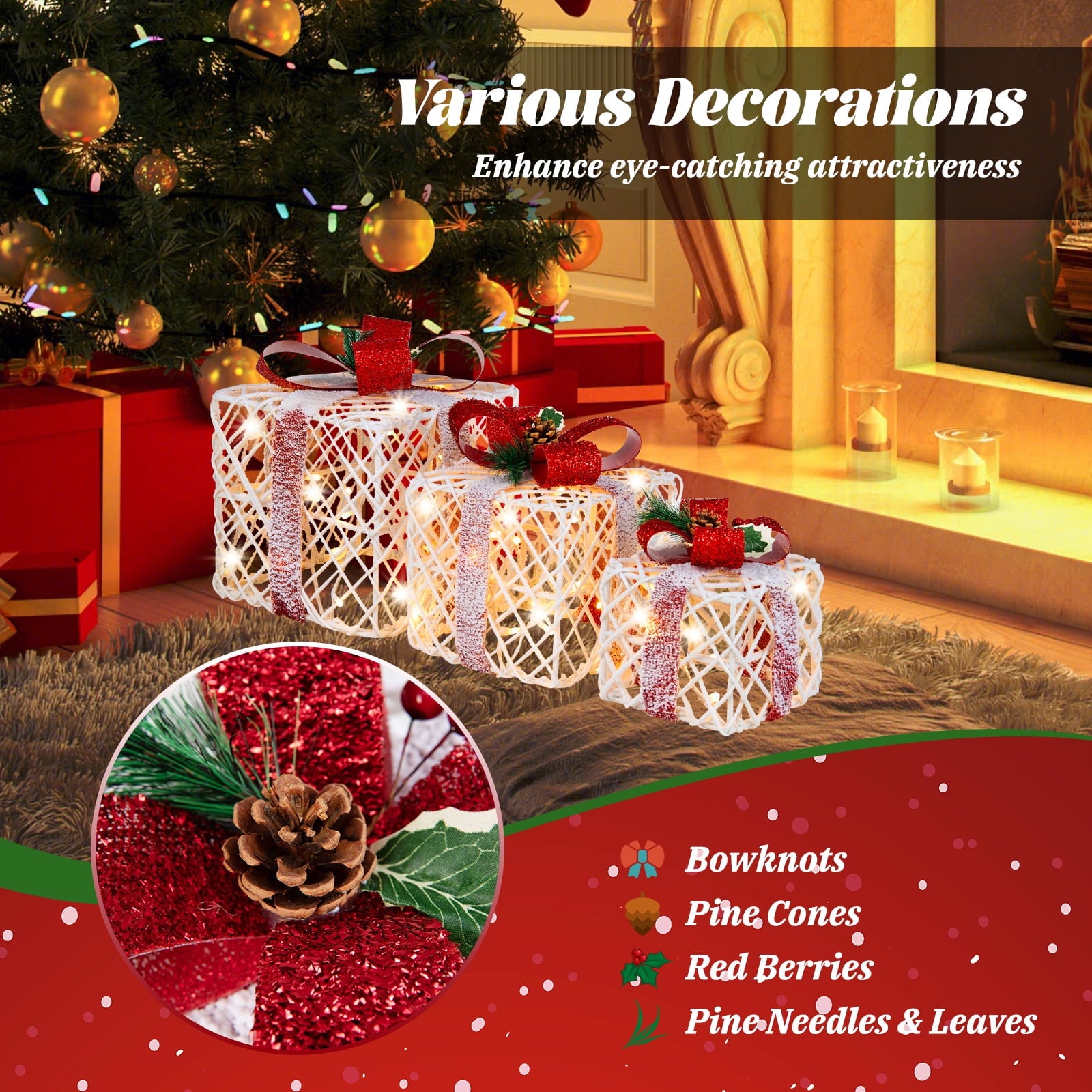 Topbuy Set of 3 Christmas Lighted Gift Boxes Battery Powered Present Boxes w/Red Bows 60 Warm Lights & 6 Hours Timing Function