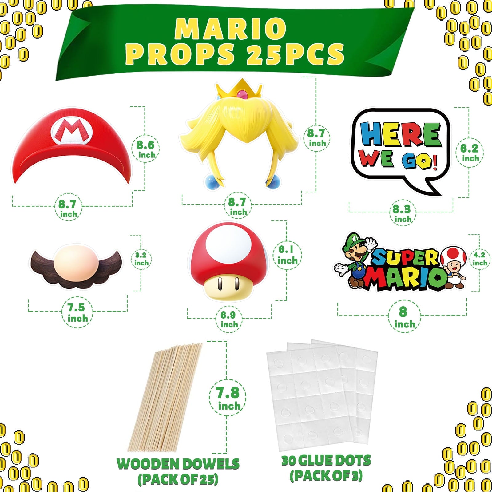 25Pcs Super Bros Party Photo Booth Props with Stick,Super Bros Selfie Props,Super Bros Themed Birthday Party Supplies,Super Bros Themed Backdrop Decorations