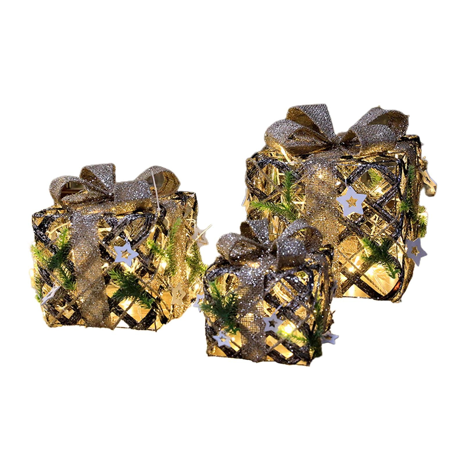 3 Pieces Christmas Lighted Up Gift Boxes Decorations, Tinsel Present