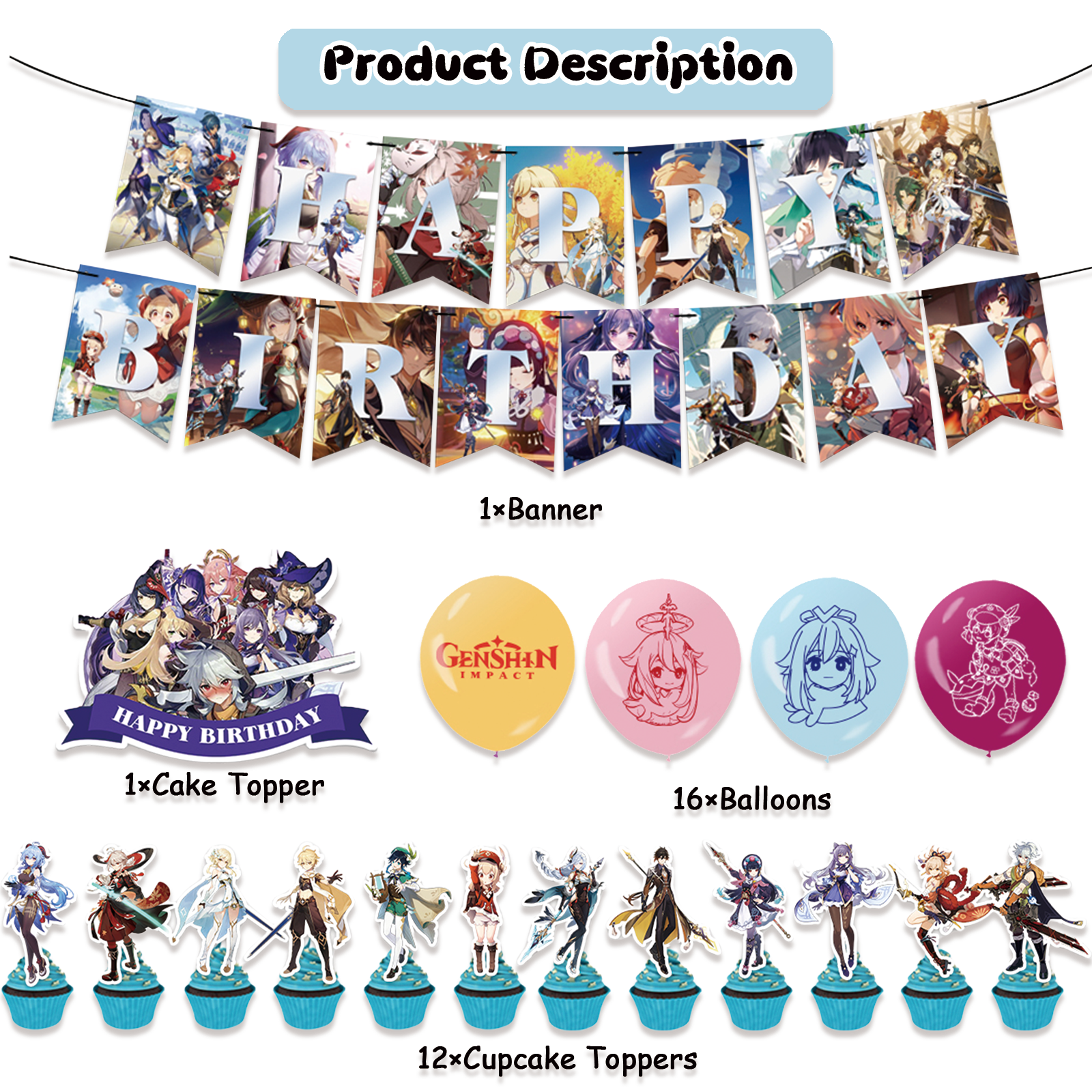 30 Pcs For Genshin Theme For Impact Birthday Party Decorations,With 1 Happy Birthday Banner Garland,13 Cupcake Toppers,16 Balloons for Children Party Decorations