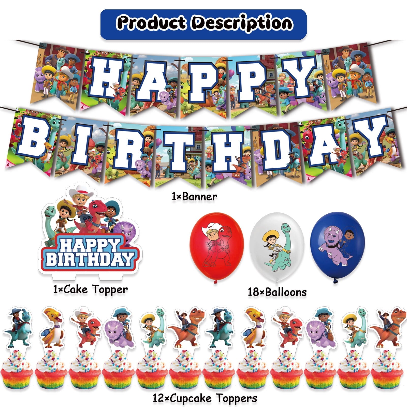 32 Pcs For Dino Ranch Theme Birthday Party Decorations,With 1 Happy Birthday Banner Garland,13 Cupcake Toppers,18 Balloons for Children Party Decorations