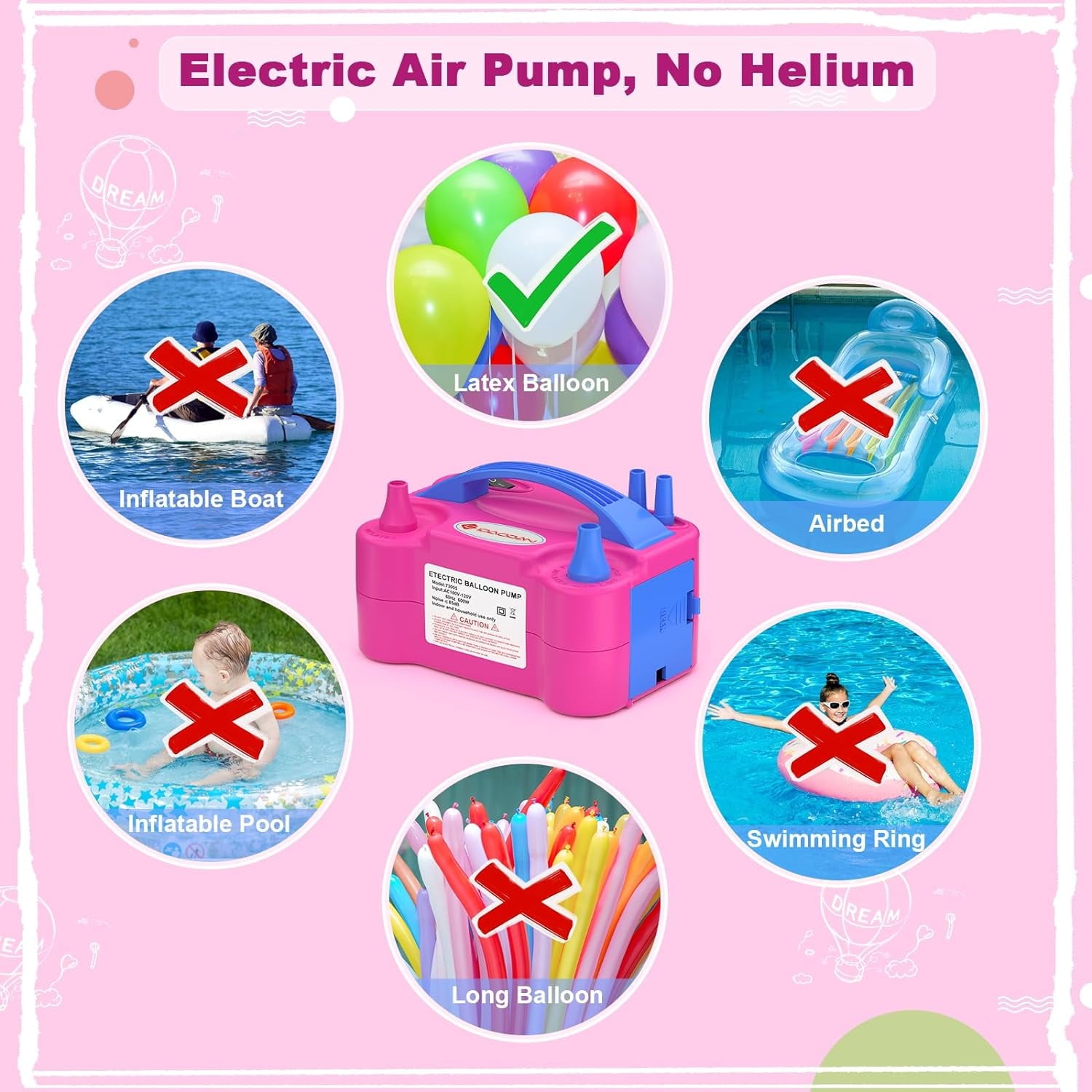 Electric Balloon Pump, Portable Electric Air Balloon Pump Dual Nozzle Air Blower Pump 110V 600W Rose Red Balloon Inflator for for Party Decorations