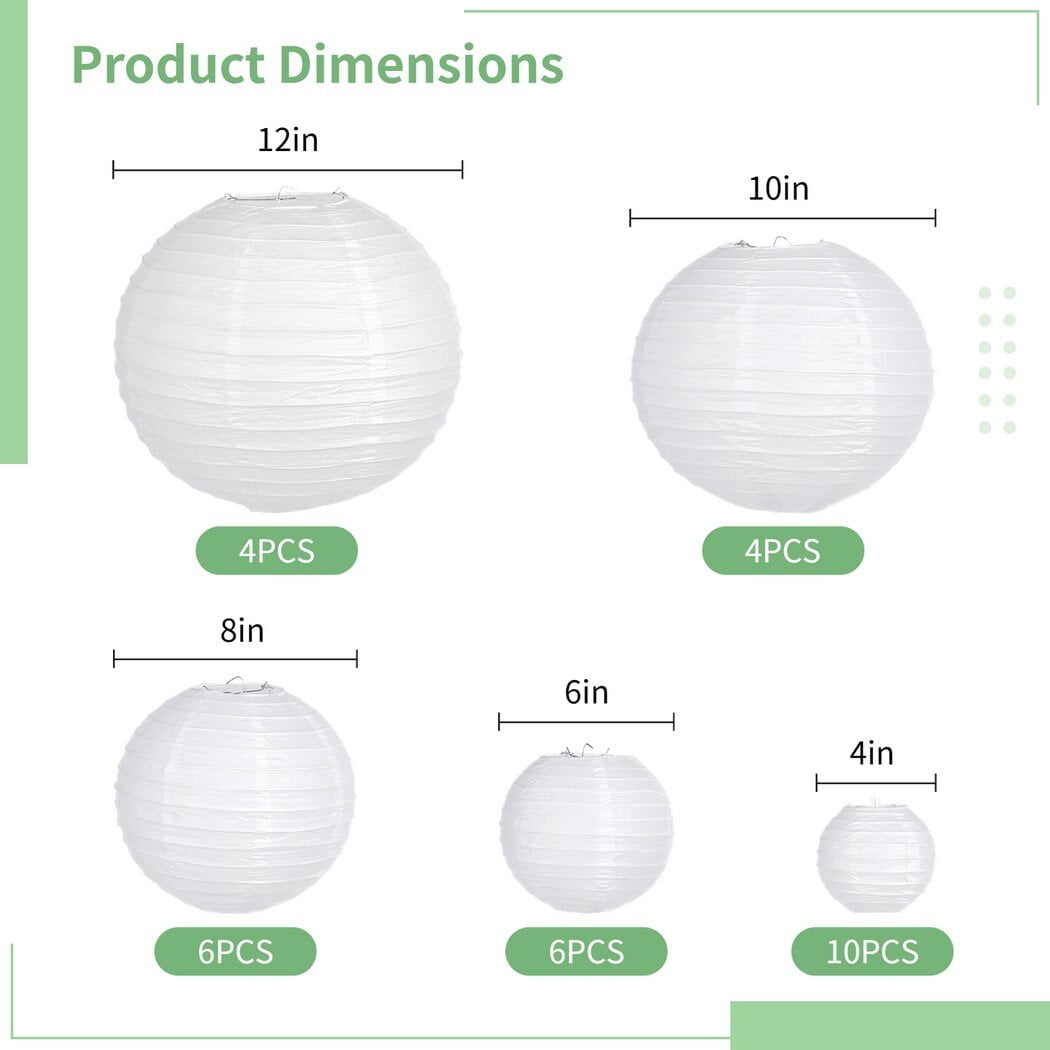 30PCS White Paper Lanterns, 4" 6" 8" 10" 12" Assorted Sizes, Indoor Outdoor Hanging Round Lanterns, Compressible Lanterns for Birthday Wedding Festival Christmas Party Decoration