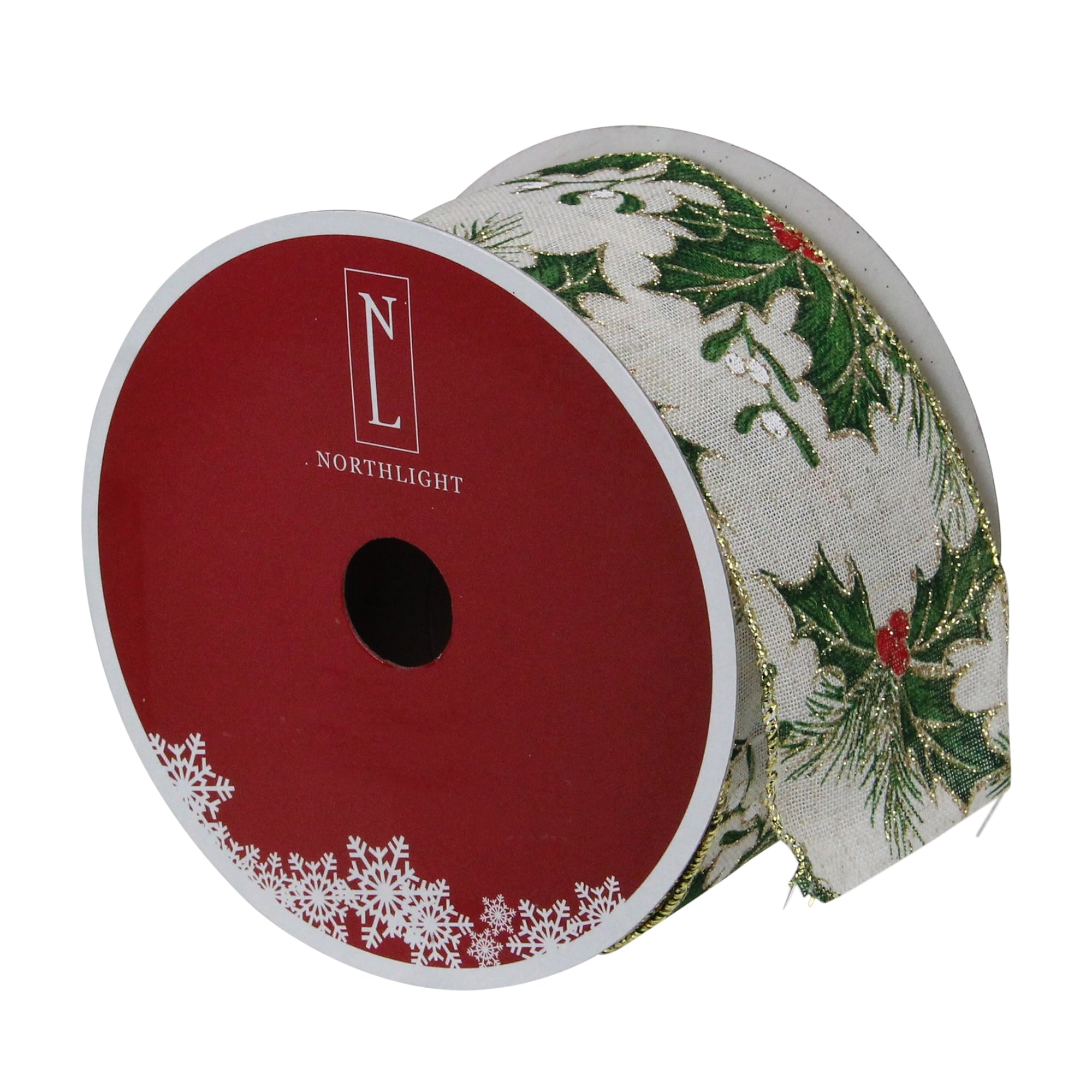 Northlight Ivory and Green Holly Leaves Christmas Wired Craft Ribbon 2.5" x 16 Yards