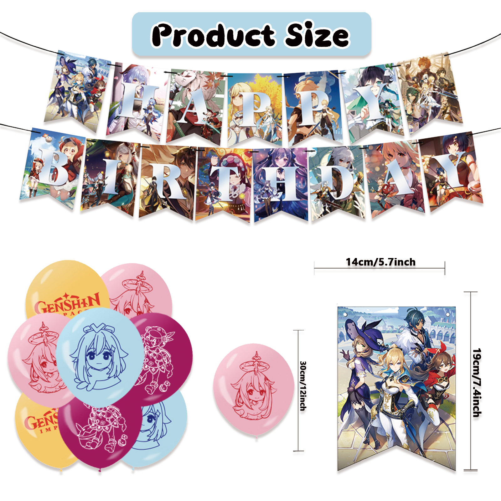 30 Pcs For Genshin Theme For Impact Birthday Party Decorations,With 1 Happy Birthday Banner Garland,13 Cupcake Toppers,16 Balloons for Children Party Decorations