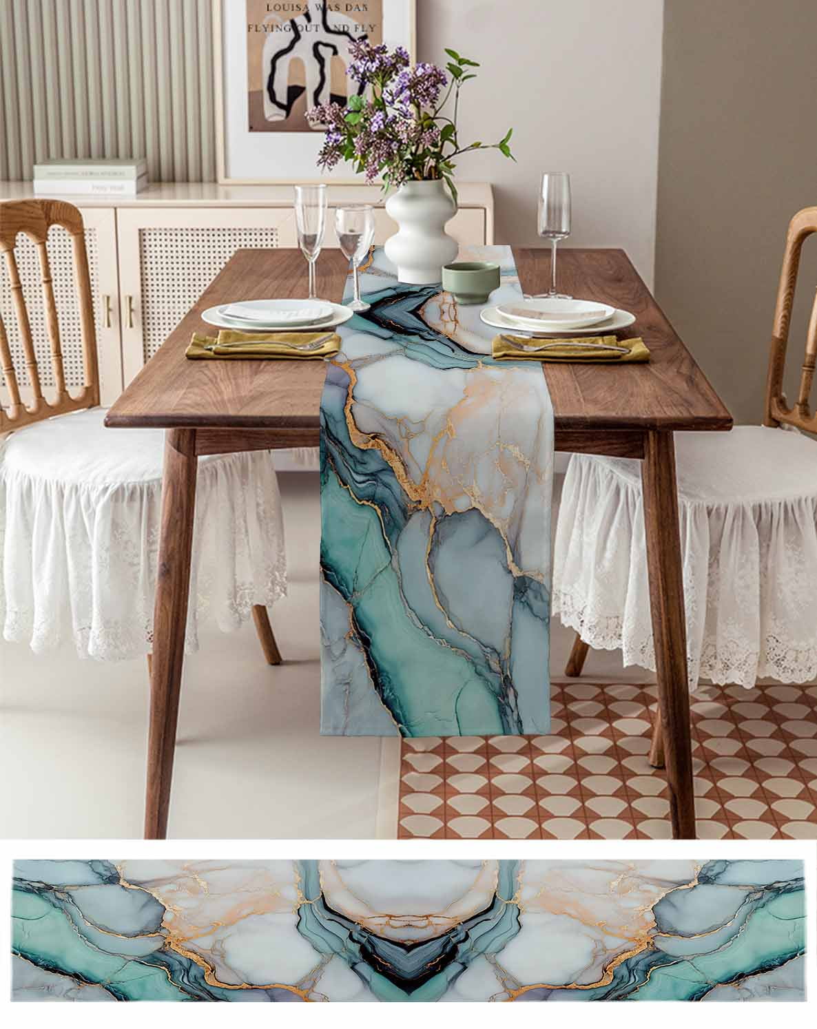Marble Table Runner Turquoise Gray Blue Gradient Modern Geometric Tablerunners 18 x 72 Inch, Table Decorations Tabletop Scarf for Summer Gathering Holiday Farmhouse Kitchen Dining Decor