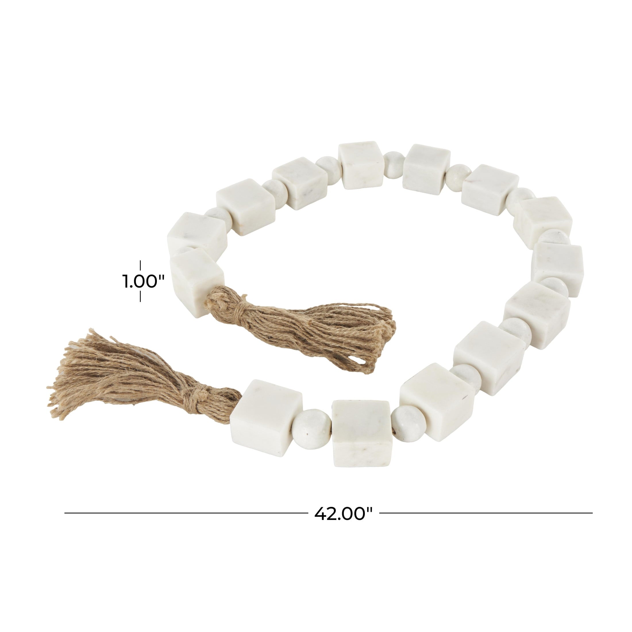 DecMode Handmade Square White Marble Garland with Tassel with Knotted Brown Jute