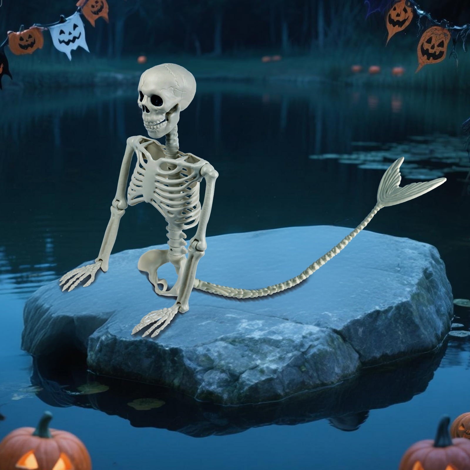 36inch Halloween mermaid skeleton, with flexible joints, can be posed and hung, suitable for Halloween indoor and outdoor decorations, parties, horror scenes and other occasions