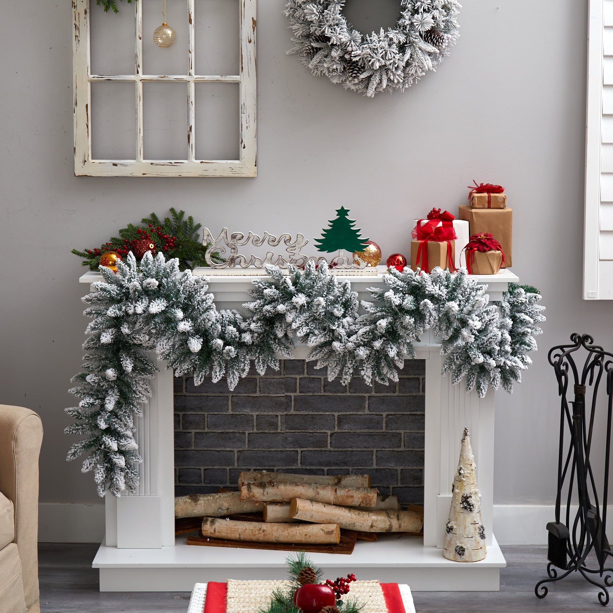 Nearly Natural Christmas Flocked White Prelit LED Battery Operated Garland, 108" (White)