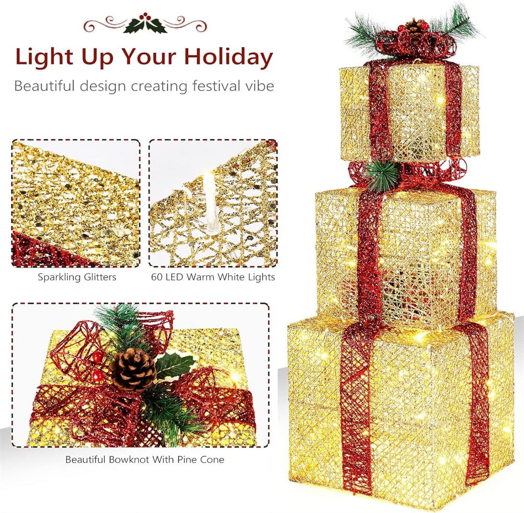 NOGIS Christmas Lighted Gift Boxes Set of 3 with Plug, Weather Proof Nestable Present Boxes Ornament Home Decor Pre-lit 60 LED Lights Pre-Secured Bowknot for Indoor or Outdoor Christmas Decor