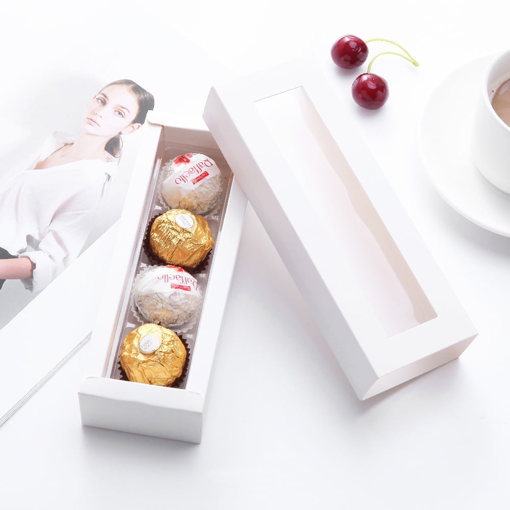 PKGSMART 20 Truffle Boxes, Chocolate Boxes with Clear Window Sleeves, White Candy Boxes with 4-Piece Plastics Tray, 6.2x1.7x1.25 inches