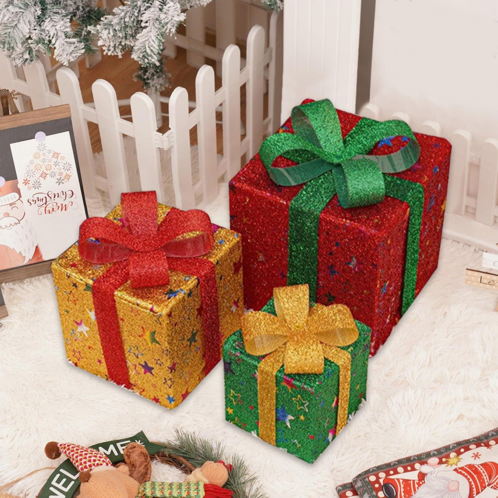 Zhourta 3PCS Lighted Gift Boxes Christmas Decorations Light Up Folding Present Box Christmas Ornaments for Outdoor Indoor Xmas Tree Yard Home Decor