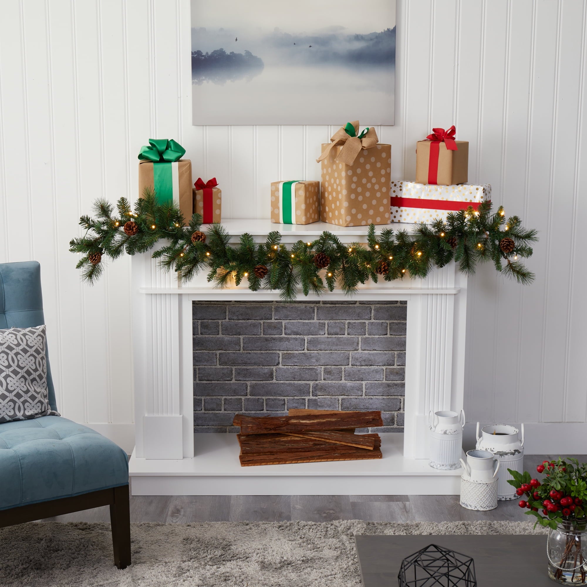 Nearly Natural Holiday Pine Prelit Battery Operated Garland, 5.00" (Assorted Colors)