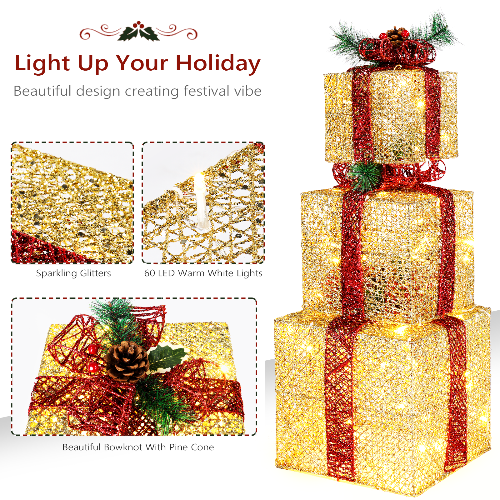 UBesGoo 3pcs Christmas Decoration Gift Boxes Decor for Christmas Tree,Xmas Christmas Tree - Golden
