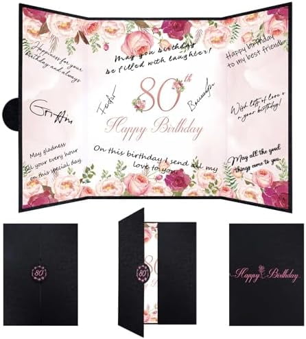 80th Birthday Guest Book Alternative, Black and Pink 80th Birthday Party Decorations for Women, Creative 80th Birthday Signature Book, Cheers to 80 Year Old Birthday Party Supplies