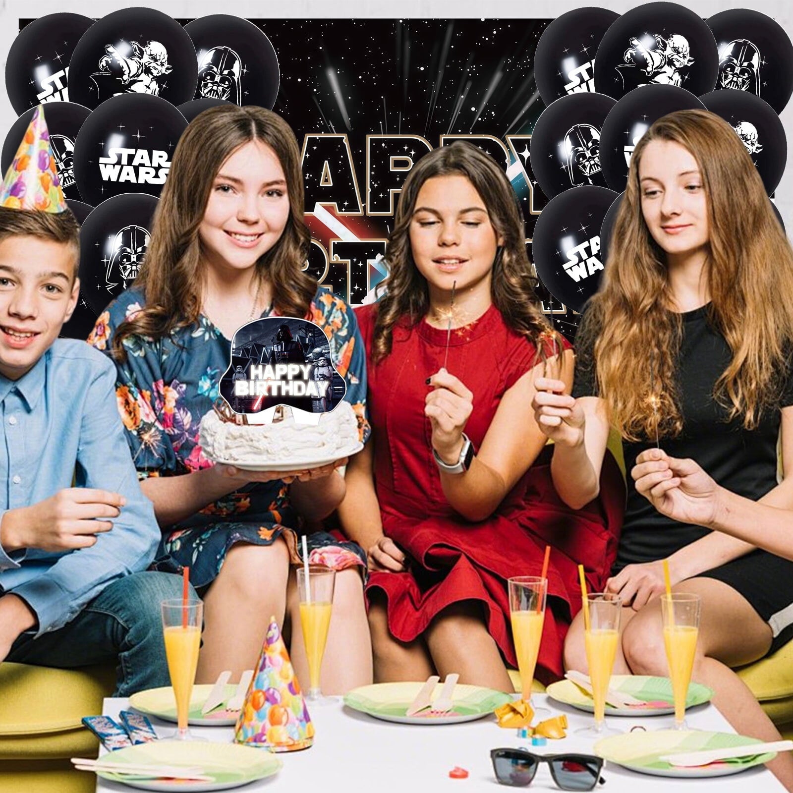 34 Pcs For Star Cartoon For Wars Party Decoration Set Mandalorian– Yoda Includes Backdrop, 2 Foil Balloons, 18 Balloons, and 13 Cupcake Toppers for Themed Celebrations