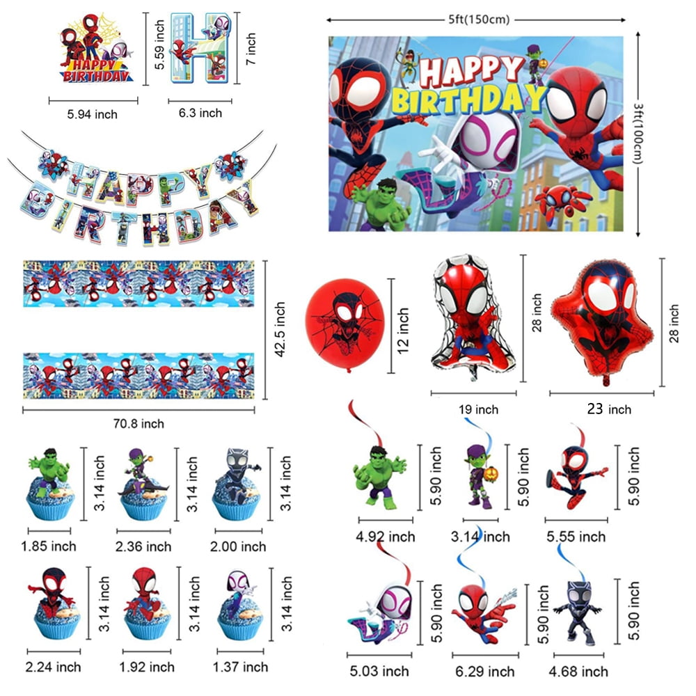 Spidey Birthday Decorations, Party Supplies Set Include Banner, Balloons,Backdrop, Hanging Swirls, Cake Cupcake Toppers, Tablecloth for Boys Girls Theme Party