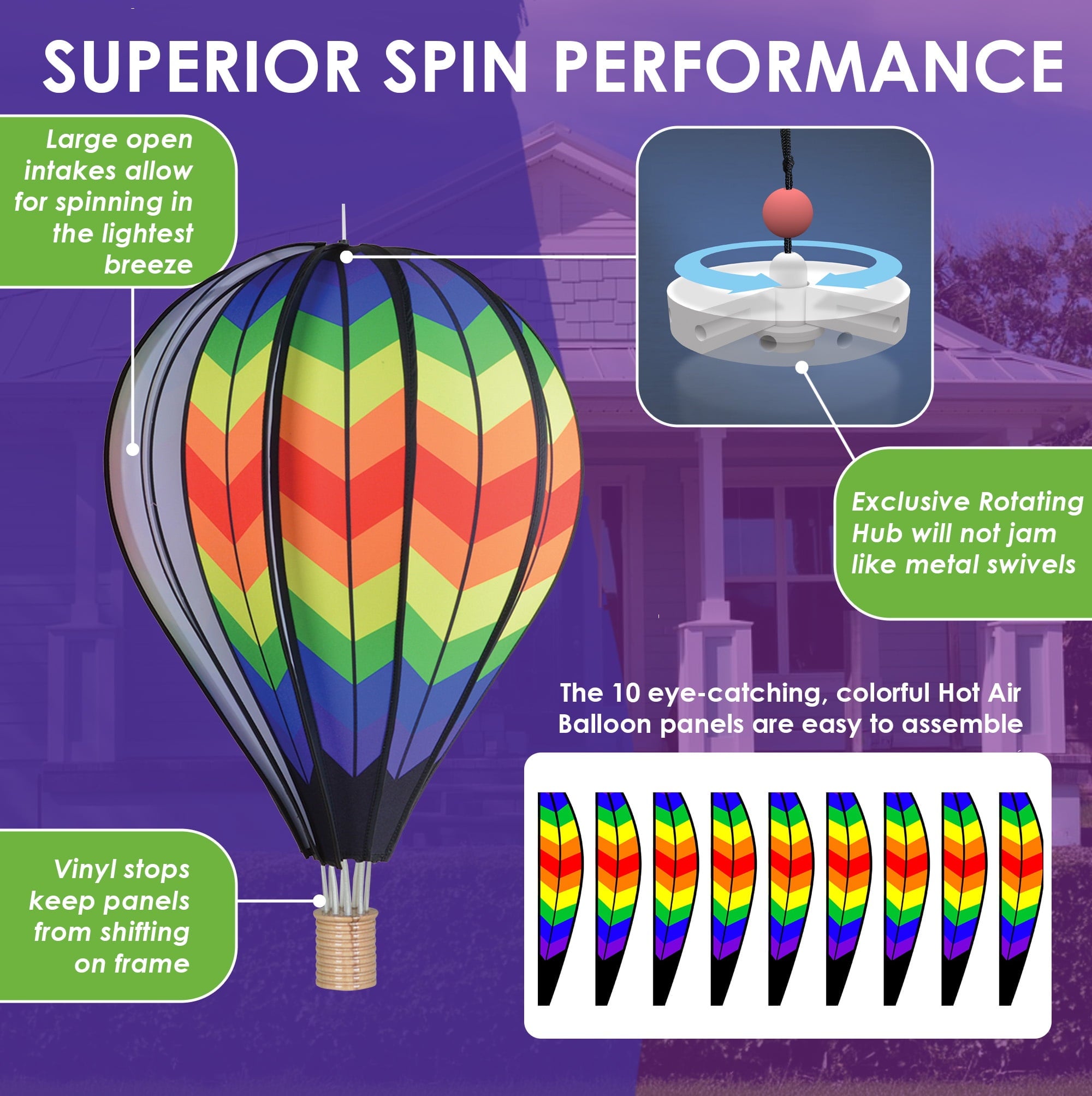 Hot Air Balloon Hanging Garden Spinner 26" - Vibrant Double Rainbow Chevron Design, Weather-Resistant Outdoor Decor, Durable & Lightweight for Patios, Yards, and Gardens - Eye-Catching Wind Spinner