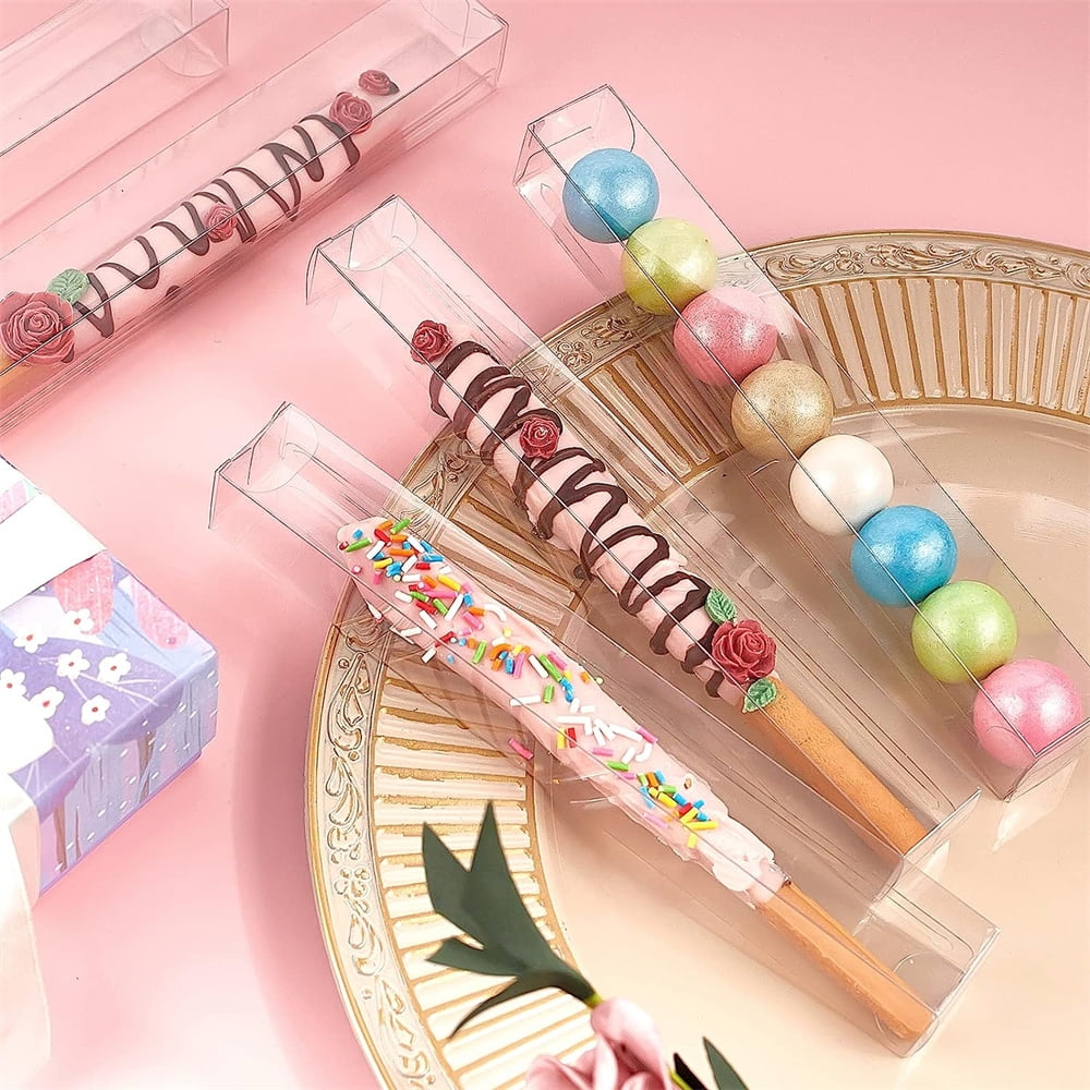 NOGIS 40 PCS Pretzel Rod Boxes 1" x 1" x 8" Chocolate Covered Pretzel Rods Clear PET Favor Boxes for Weddings, Parties, Birthdays, Party Gift Boxes for Candy Gumball Cookies